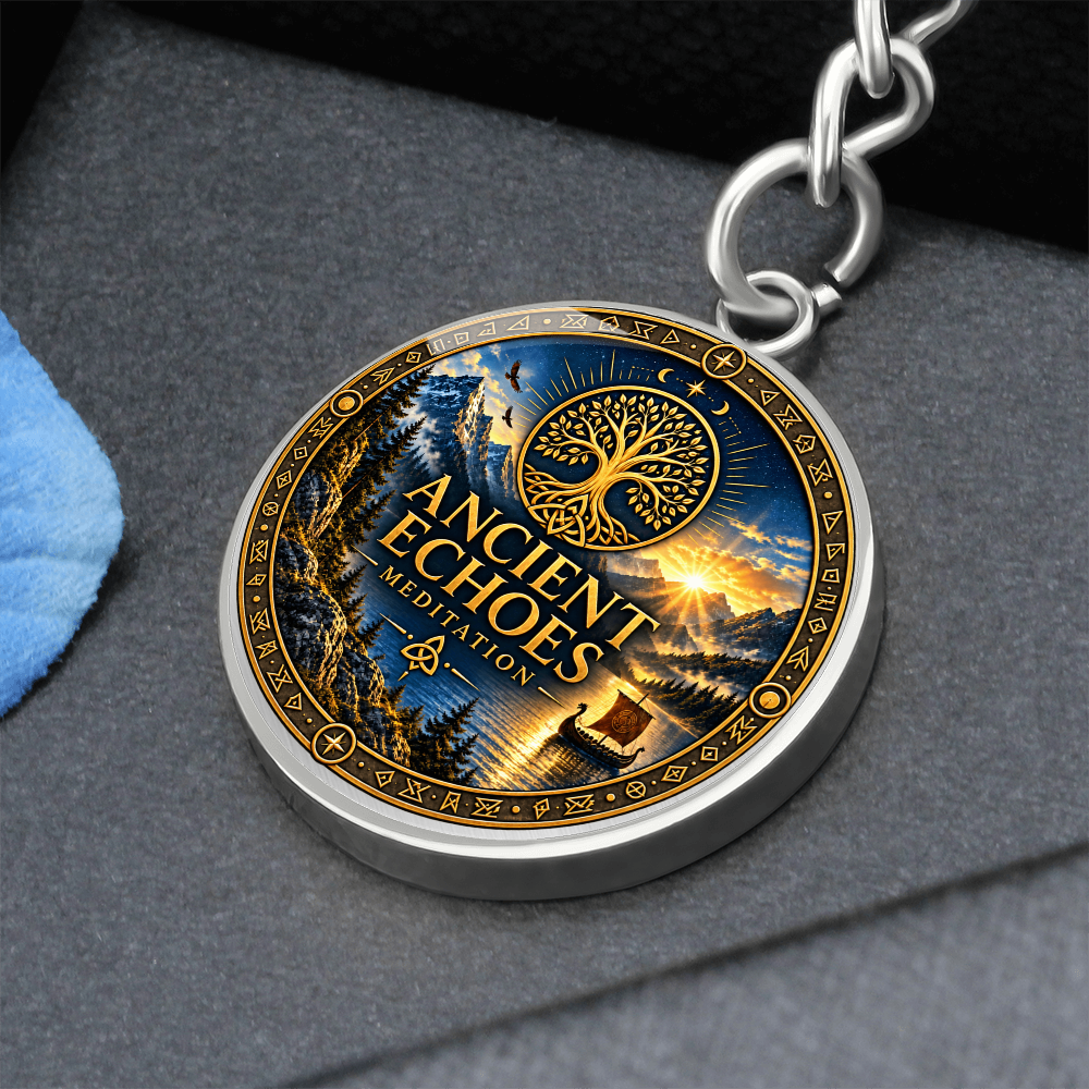 Ancient Echoes Meditation Logo Keychain – Gold or Steel Circle Pendant
