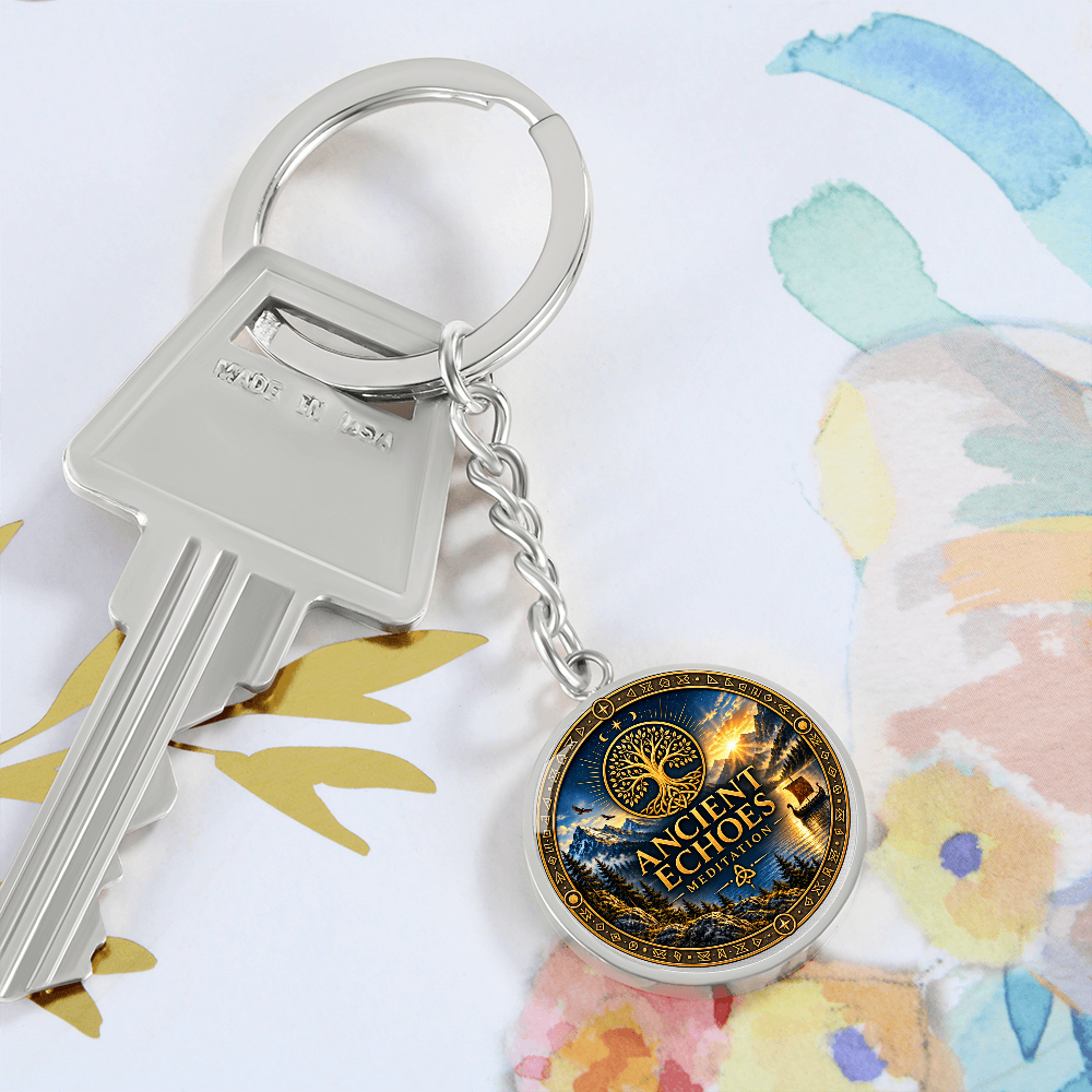 Ancient Echoes Meditation Logo Keychain – Gold or Steel Circle Pendant