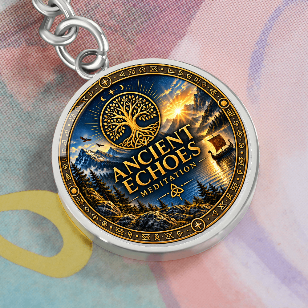 Ancient Echoes Meditation Logo Keychain – Gold or Steel Circle Pendant