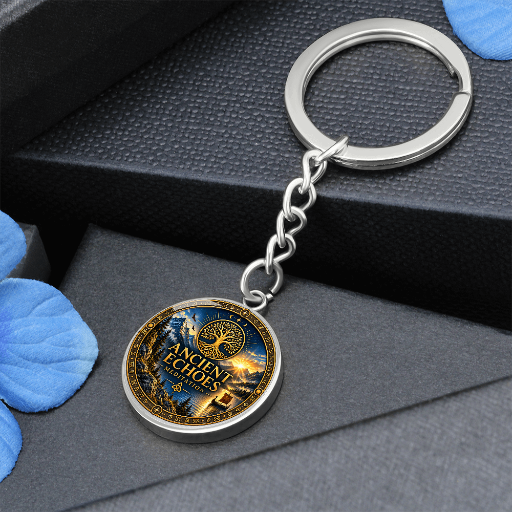 Ancient Echoes Meditation Logo Keychain – Gold or Steel Circle Pendant