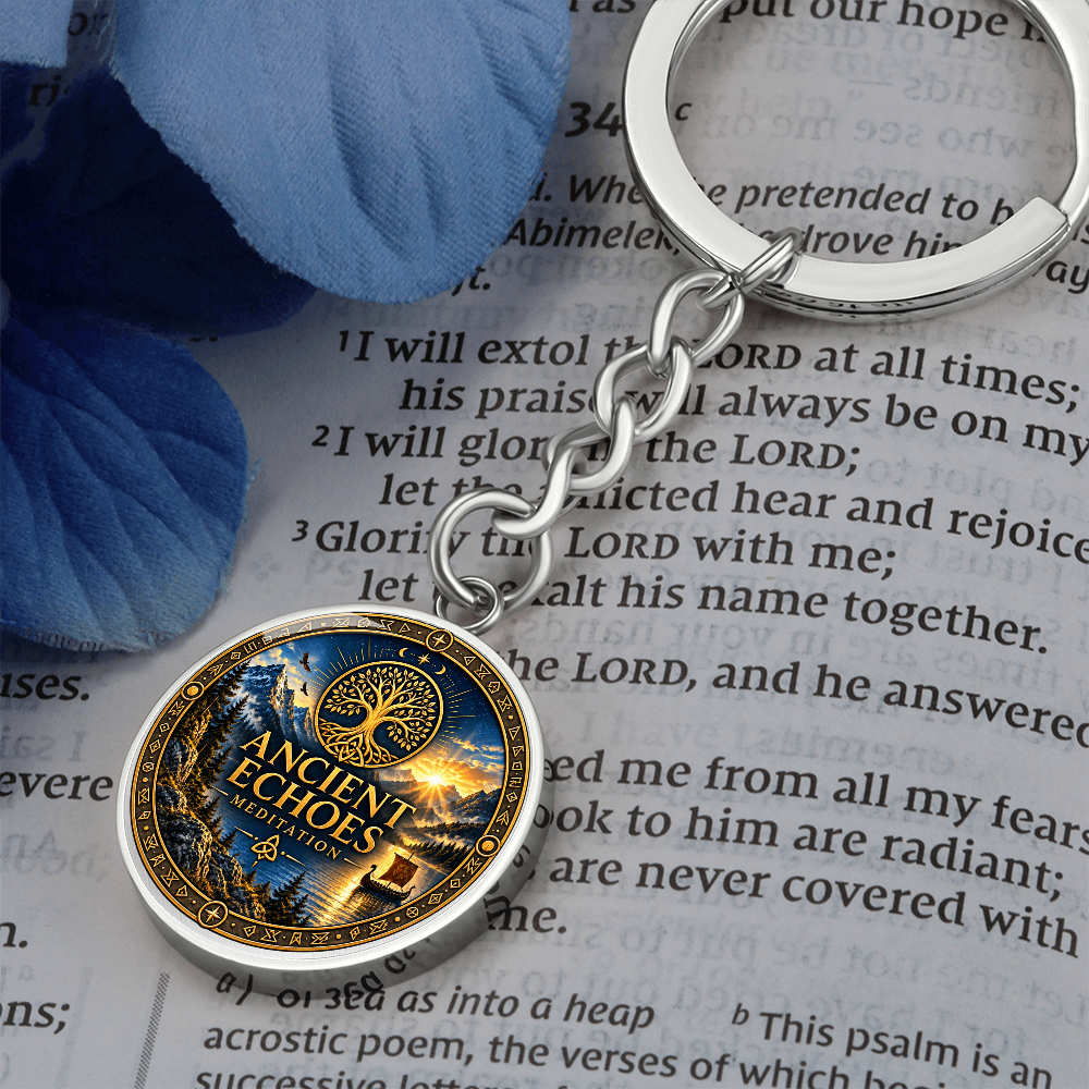 Ancient Echoes Meditation Logo Keychain – Gold or Steel Circle Pendant