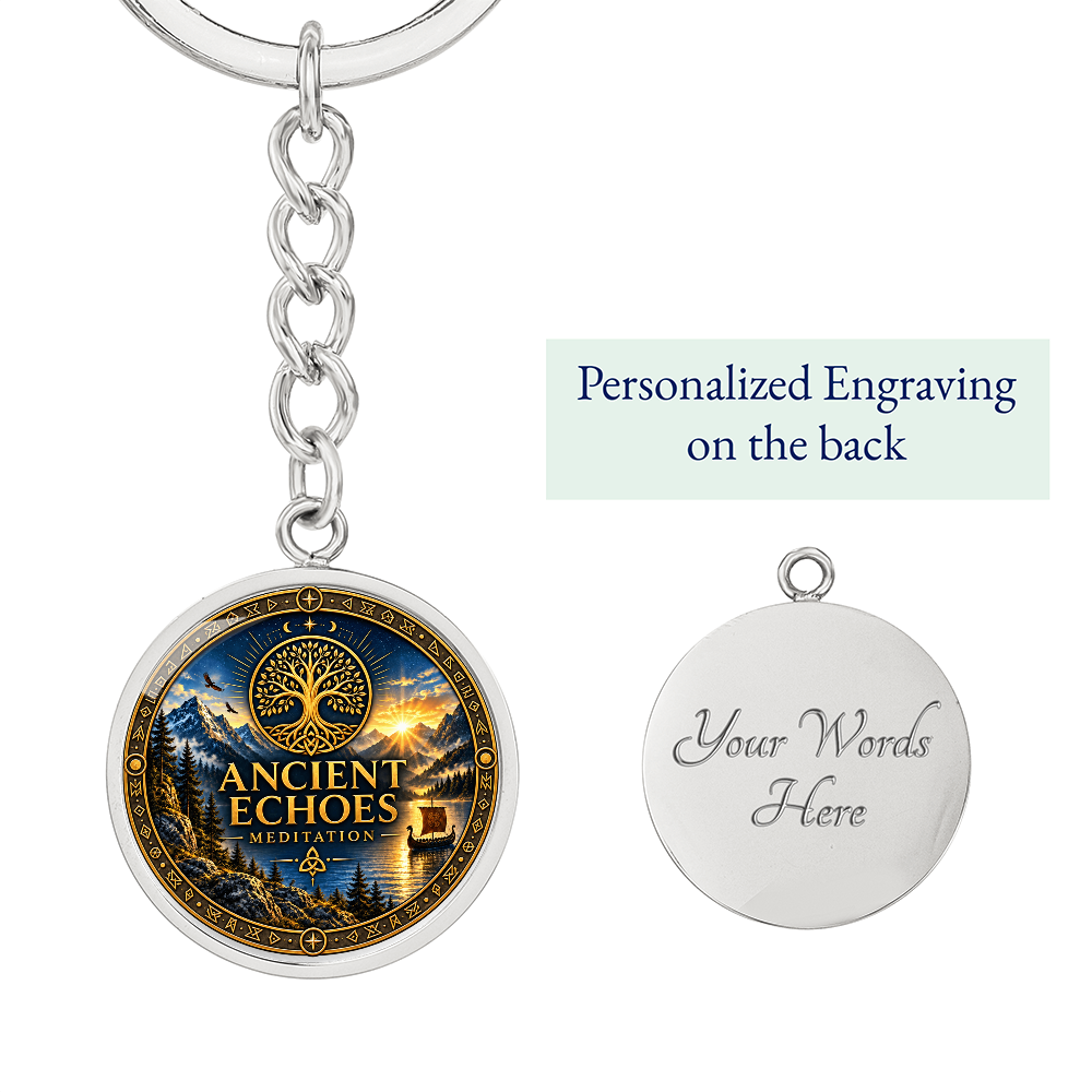 Ancient Echoes Meditation Logo Keychain – Gold or Steel Circle Pendant