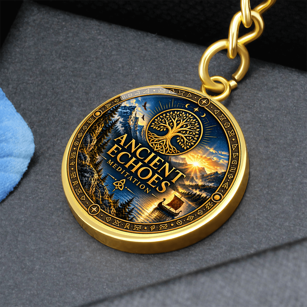 Ancient Echoes Meditation Logo Keychain – Gold or Steel Circle Pendant