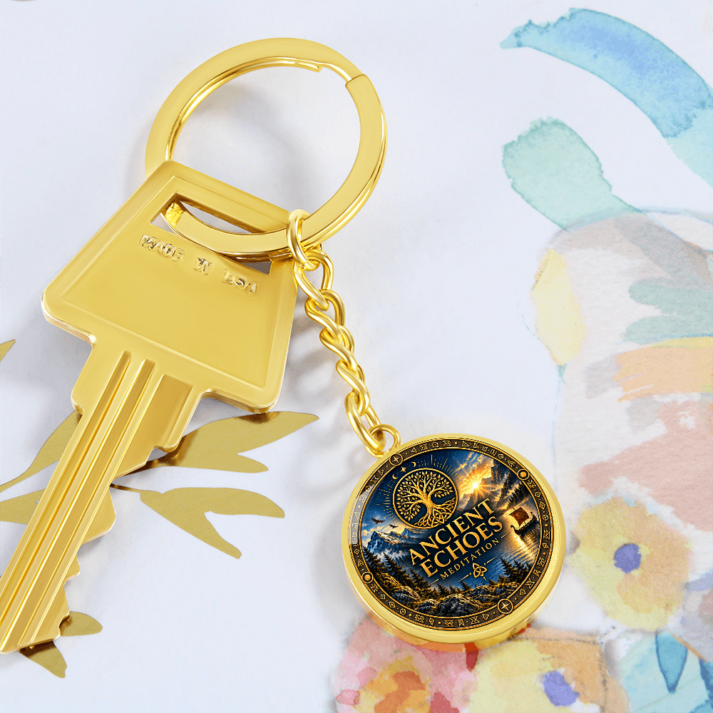 Ancient Echoes Meditation Logo Keychain – Gold or Steel Circle Pendant