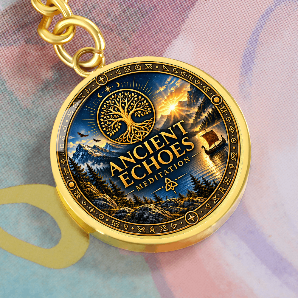 Ancient Echoes Meditation Logo Keychain – Gold or Steel Circle Pendant