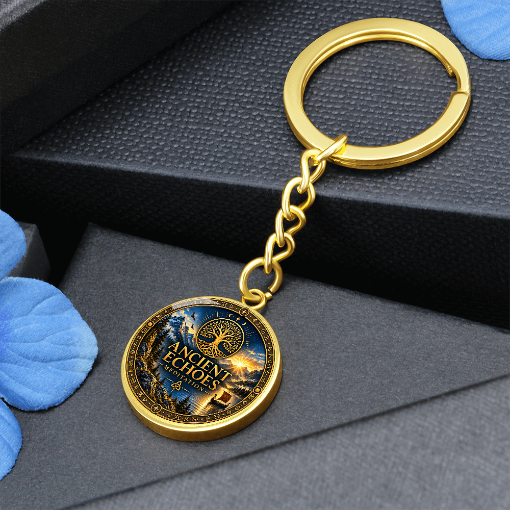 Ancient Echoes Meditation Logo Keychain – Gold or Steel Circle Pendant