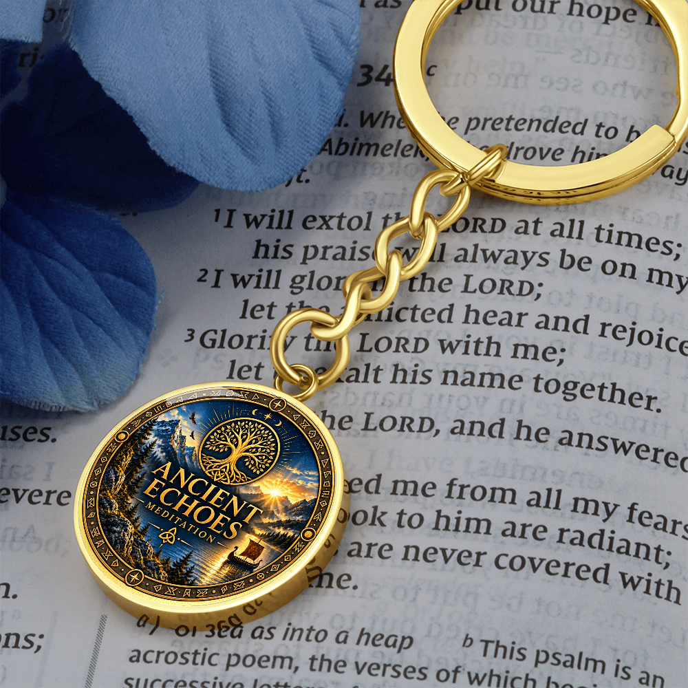 Ancient Echoes Meditation Logo Keychain – Gold or Steel Circle Pendant