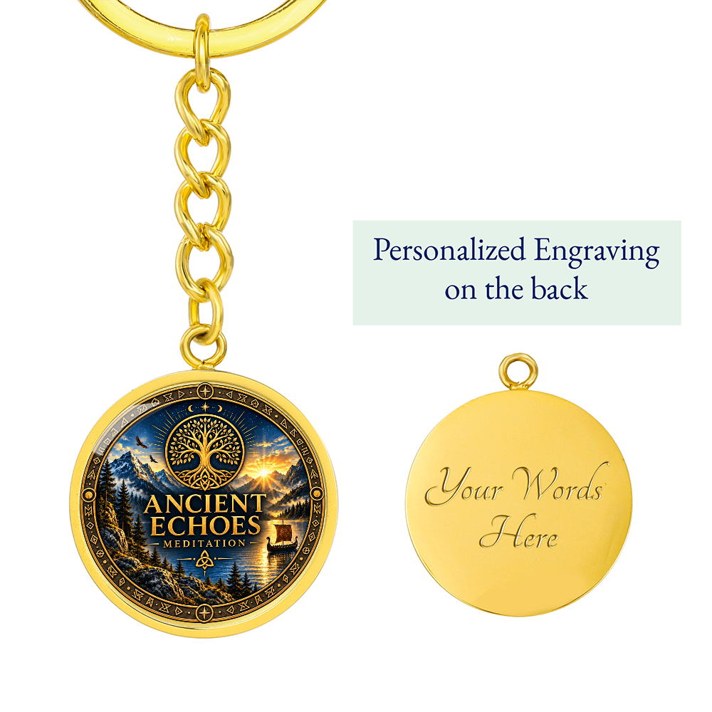 Ancient Echoes Meditation Logo Keychain – Gold or Steel Circle Pendant
